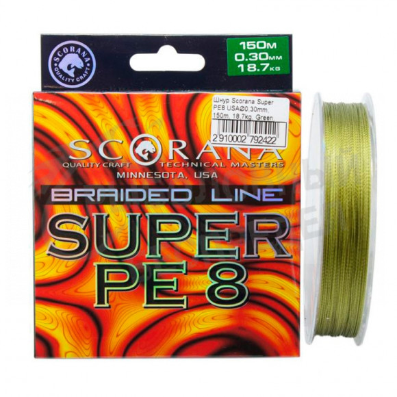 Шнур Scorana Super PE 8 Green 0.10mm 4.35kg 150m